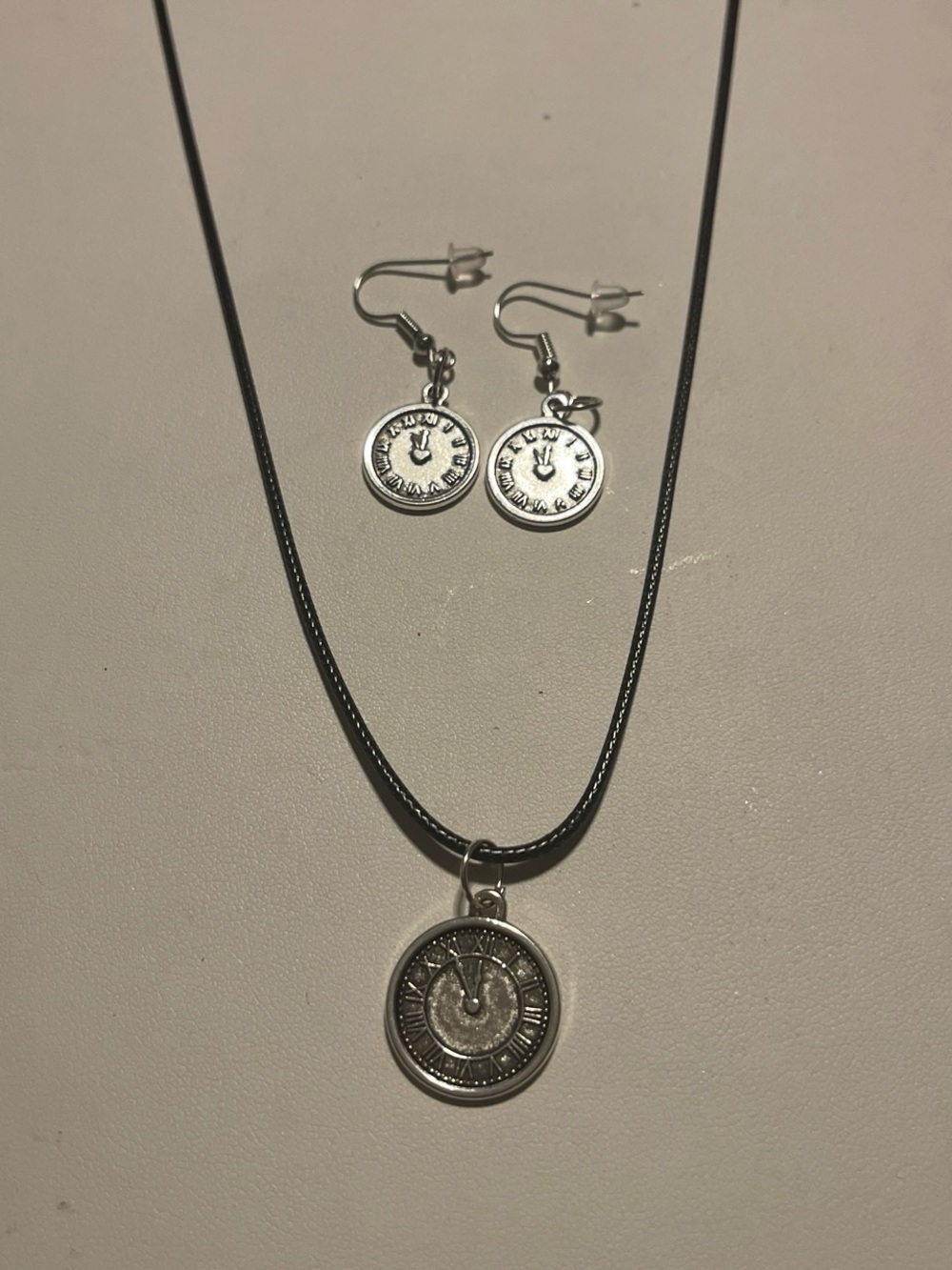 Silver Coin Dial Pendant Necklace and Earring Set - Women Jewelry